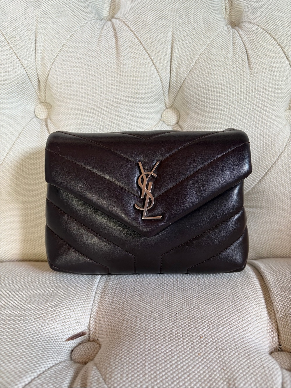 Yves Saint Laurent Burgundy Leather Loulou Bag with silver YSL Logo - Picture 2 of 12